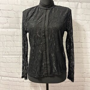 EUC Elegant Black Stretch Lace Long Sleeve Top